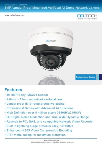 8MP Vandal Proof Motorized Varifocal AI Dome Network Camera