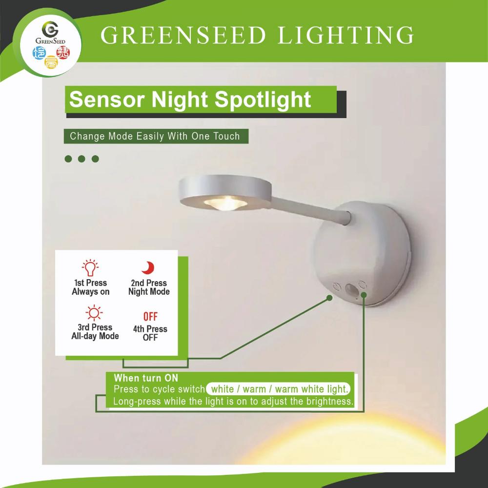 LED Motion Sensor Wall Light Spotlight Wireless USB Rechargeable 3 Colors Adjustable For Bedroom