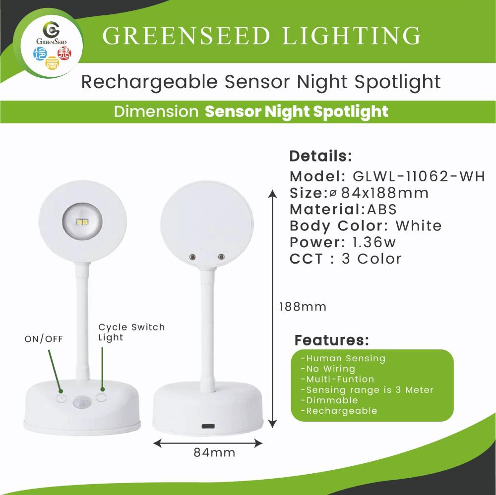 LED Motion Sensor Wall Light Spotlight Wireless USB Rechargeable 3 Colors Adjustable For Bedroom