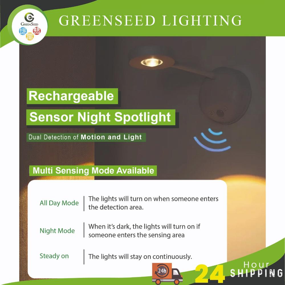 LED Motion Sensor Wall Light Spotlight Wireless USB Rechargeable 3 Colors Adjustable For Bedroom
